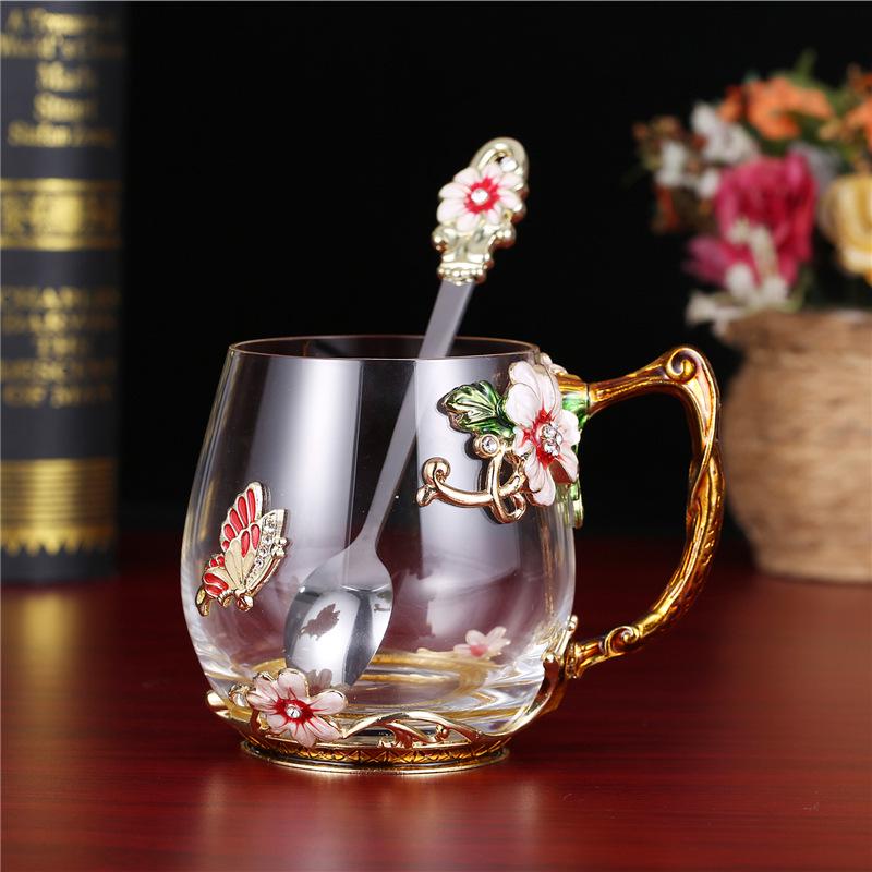 Heat-Resistant Enamel Flower Tea Cup, Creative Painted Crystal Glass Coffee Cup with Handle