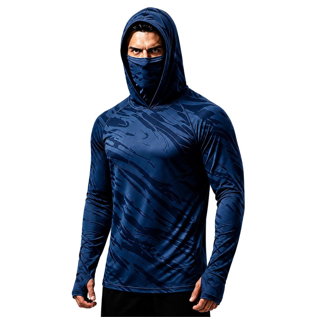 Men's Sports Fishing Hoodie with Built-in Face Long Sleeve Printed Stretch Running Training Shirt