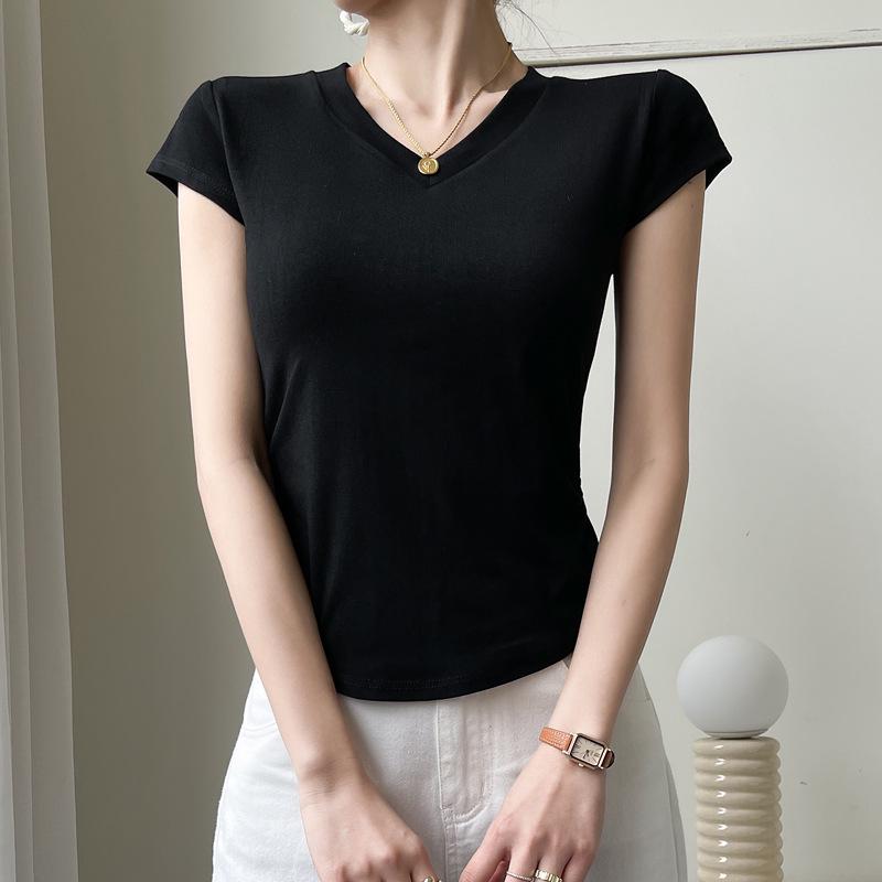 

Высококачественная женская однотонная модальная футболка с V-образным вырезом и коротким рукавом - Летний базовый универсальный топ с драпировкой M (95-115 lbs) чёрный