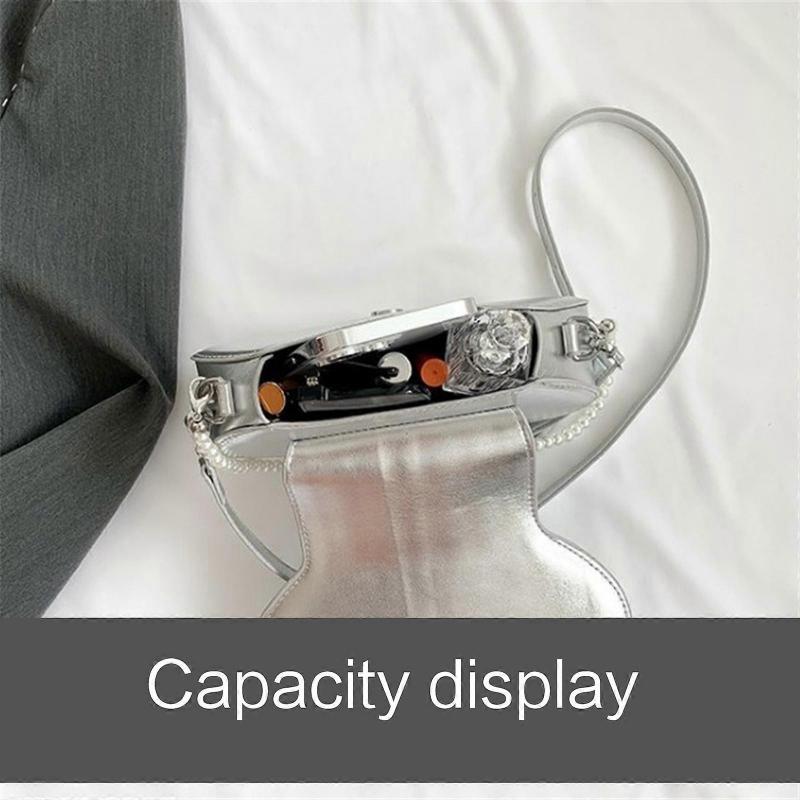 Fashion Shell Shape Crossbody Bag for Women All-matching Pearl Shoulder Bag Beaded Handbag Purse PU Messenger Bag Silver