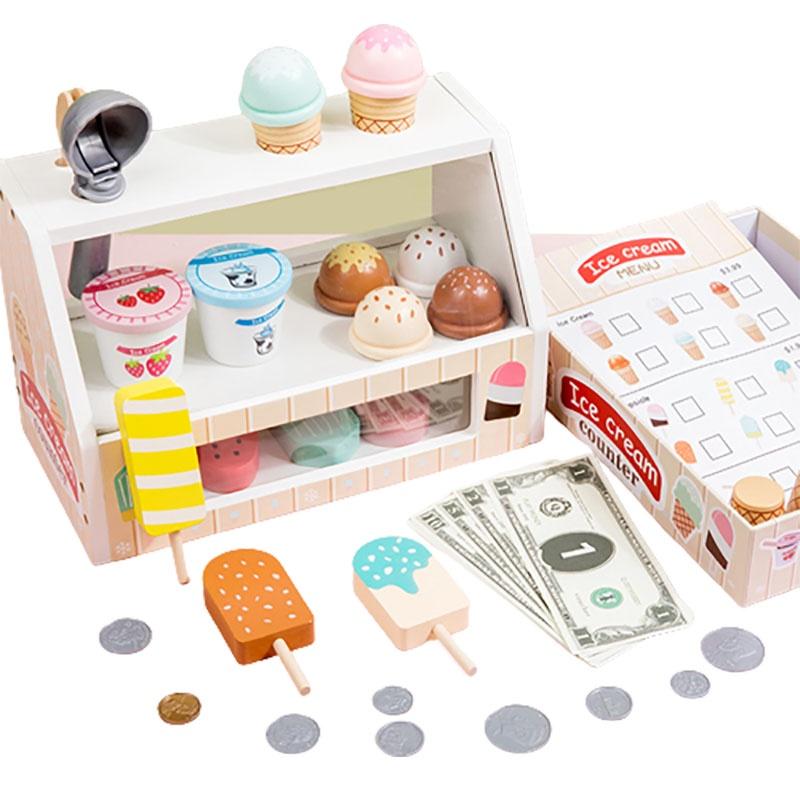 Wooden Ice Cream Shop Pretend Play Toy Set For Kids Mini Role Play Ice Cream Vending Machine With Sweet Cone Ice Cream Decorations