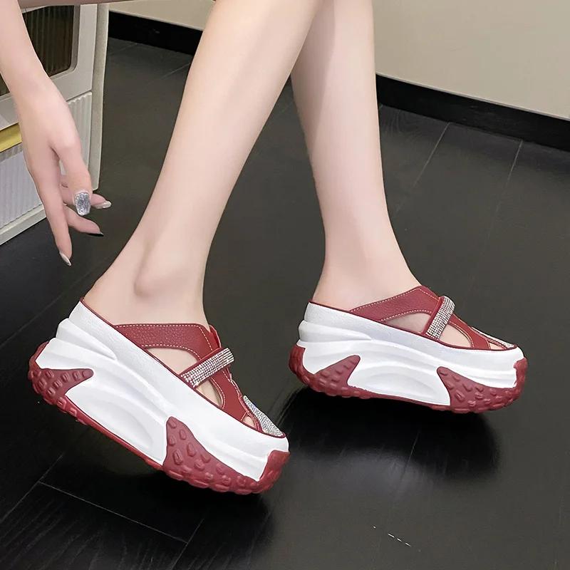 Fashion 7CM Bling Shoes Thick Sole Slides Women Chunky Sneakers Platform Wedge Breathable Slippers Comfortable Hollow Summer Shoes