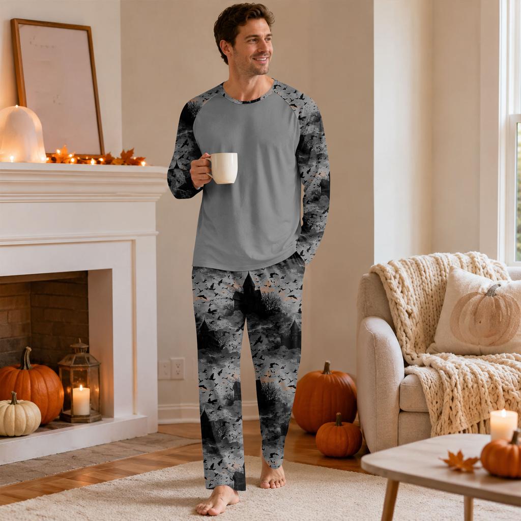 Men's Halloween Pajama Set with Long Sleeve Round Neck Top and Pants for Comfortable Sleep