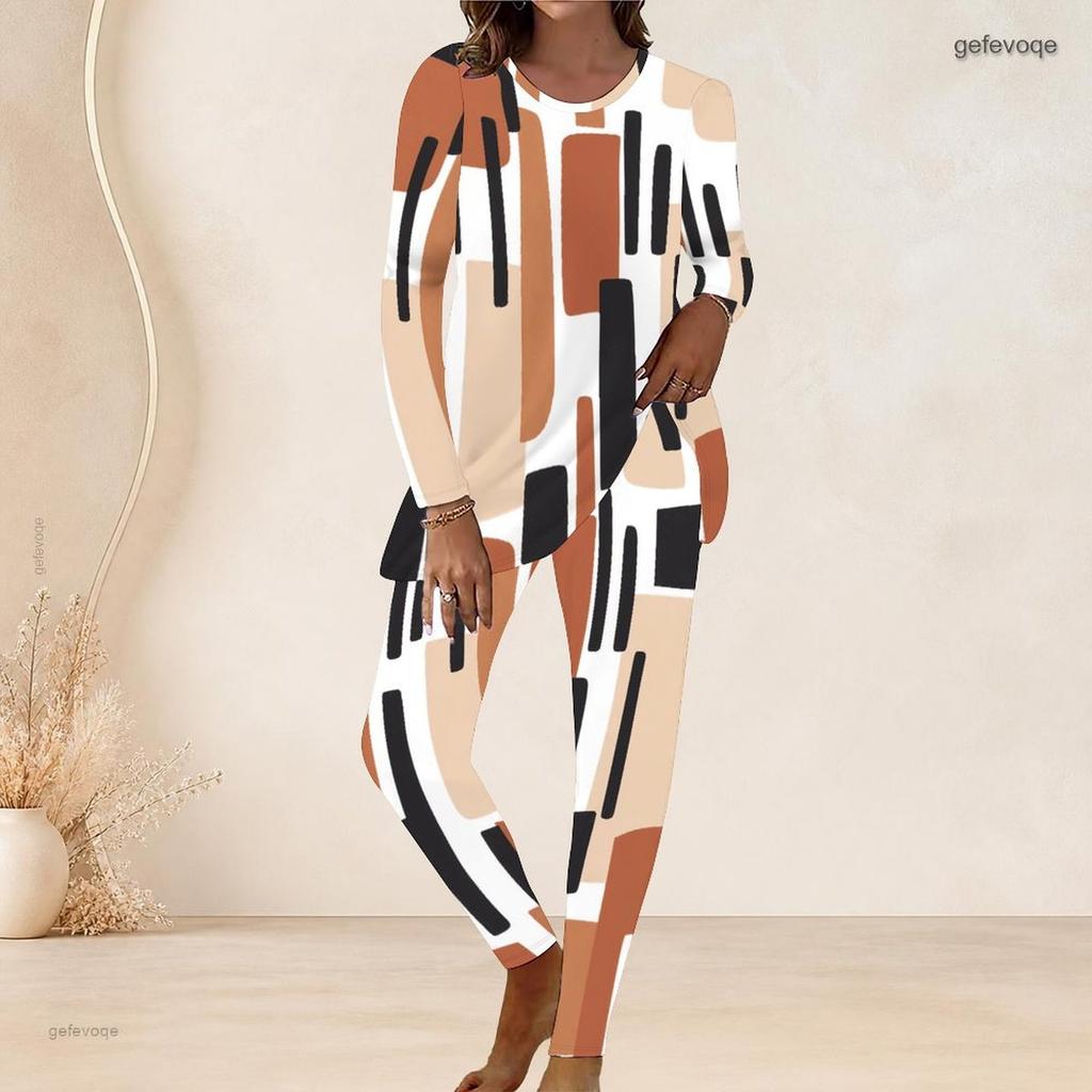 Women Plus Size Abstract Printed Two Piece Pants Set Round Neck Long Sleeve Longline Top Fitted Pants