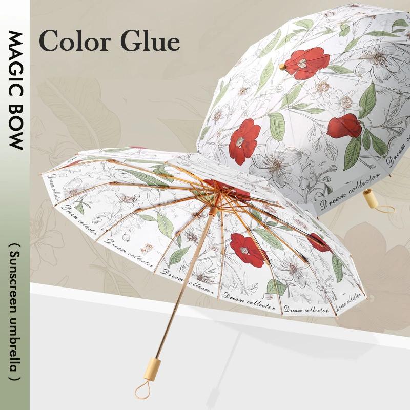 

Двухслойный зонт от солнца с цветочным принтом для женщин, зонт от солнца и дождя, ветрозащитный, 3-сложный, защита от солнца, УФ-зонт