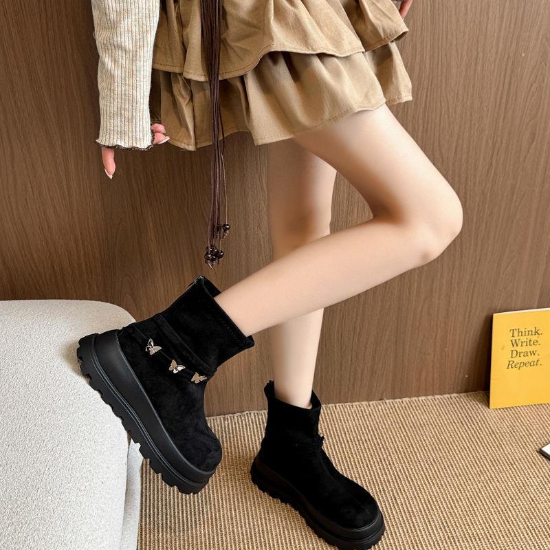 2025 Autumn New Round Head Thick Sole Heightening Short Martin Boots Women's Knight Boots Are Thin and the Zipper Is Super Foreign