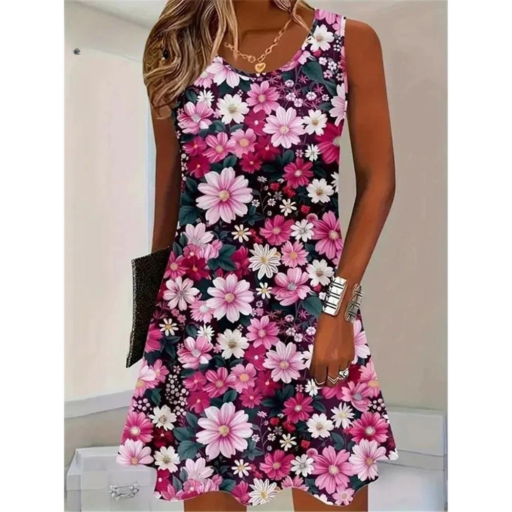 Red Rose Flower Print Dress Summer Women Fashion Sleeveless Loose Mini Dress Casual O-Neck Pocketless Plus Size Dresses