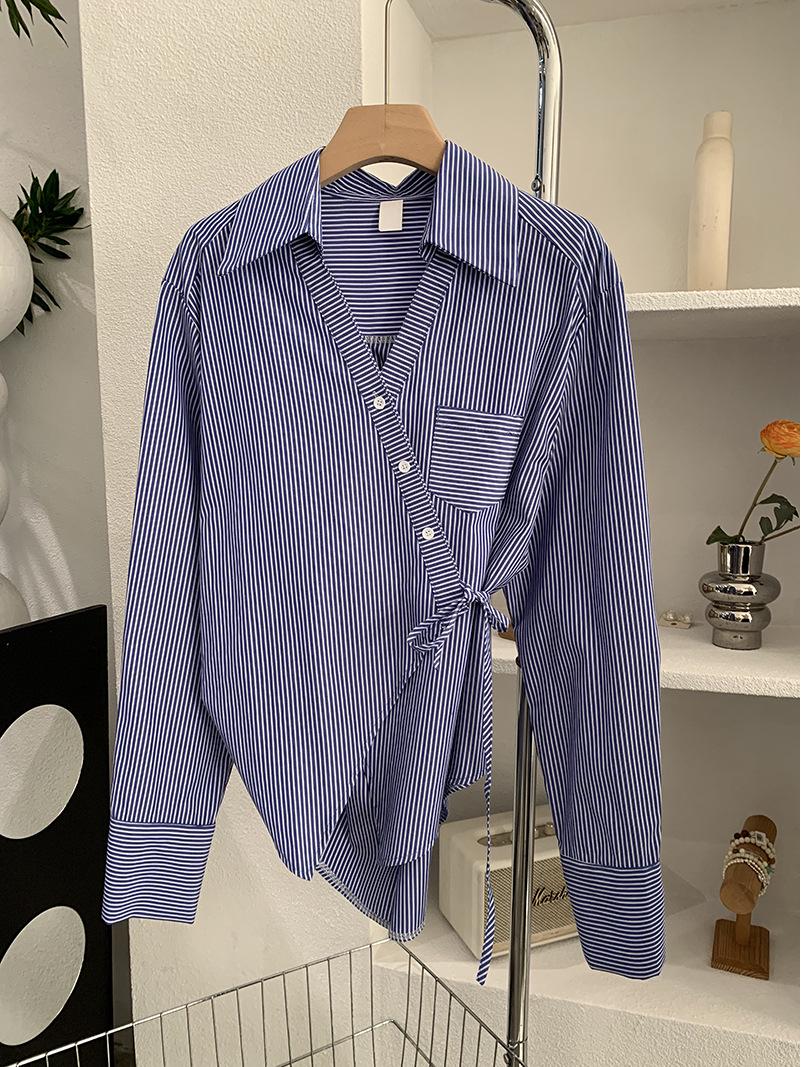 Oumalai High-End Striped Lapel Long Sleeve Waist-Cinching Irregular Top One Size