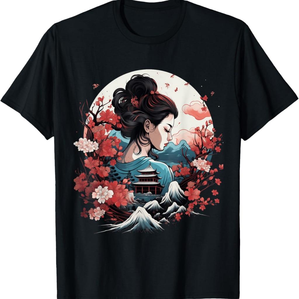 Geisha With Mount Fuji And Pagoda Cherry Blossom T-Shirt(3)
