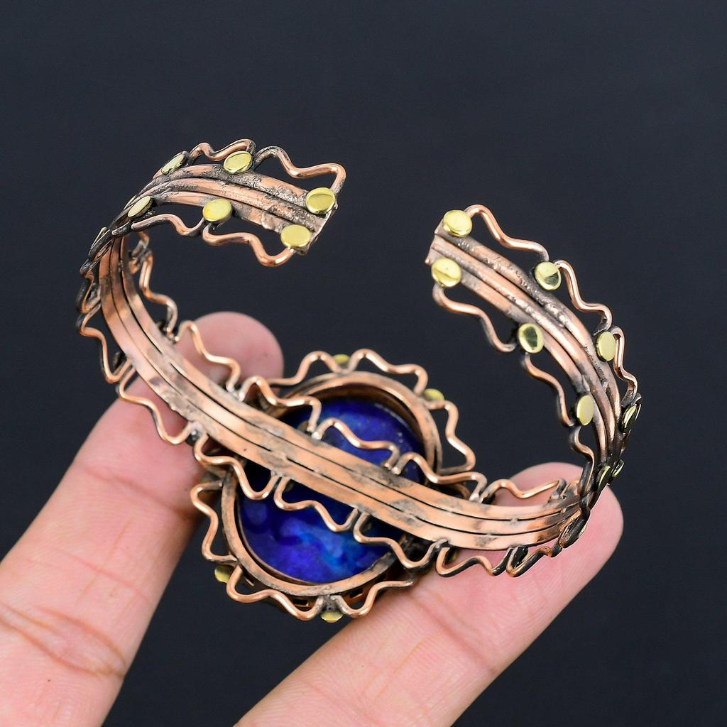 Lapis Lazuli Bangle Handmade Jewelry, 999 Copper Wire Wrapped Bangle Designer Gemstone Jewelry Bangle, Gift For Mom