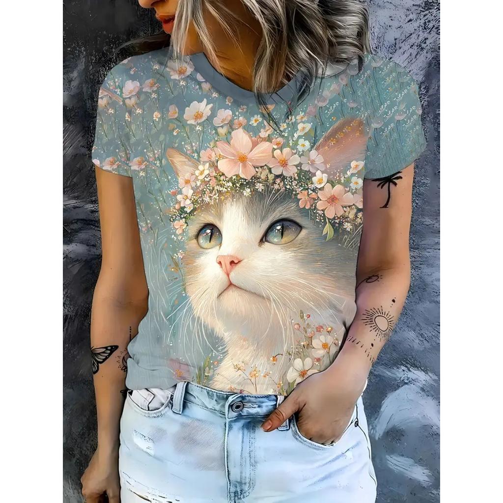 Women's round neck T-shirt summer casual fashion short sleeved top 3D cat print animal pattern women's clothing