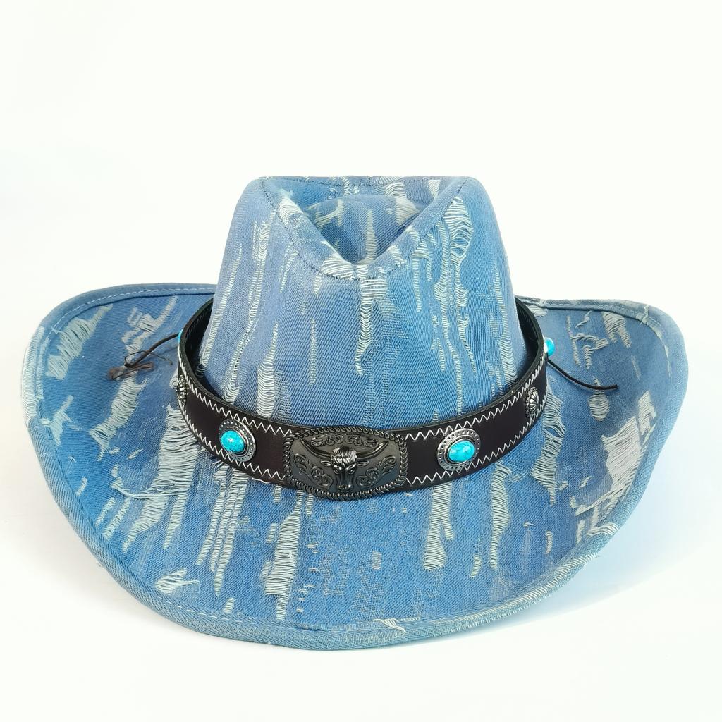 Vintage Denim Cowboy Hat For Men Women Cowgirl Hat Belt Hand-Torn Tassels Jazz Cowboy Hatfedora Hat Cloche Church Sombrero