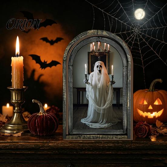 Retro Arched Wooden Picture Frame Halloween Wall Decor, Ghost Cat Hanging Ornament, Distressed Gothic Rustic Wood Sign Tabletop Decor Plaque,
