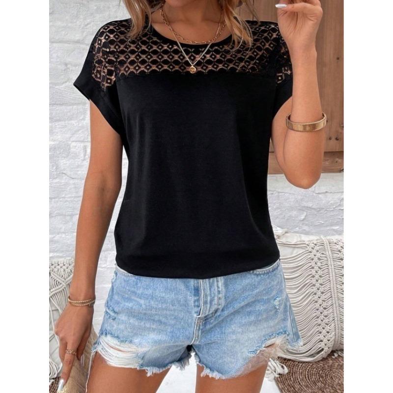 

Spring Summer Women s Lace Round Neck Loose Shoulder Short Sleeved Women s T-shirt S чорний