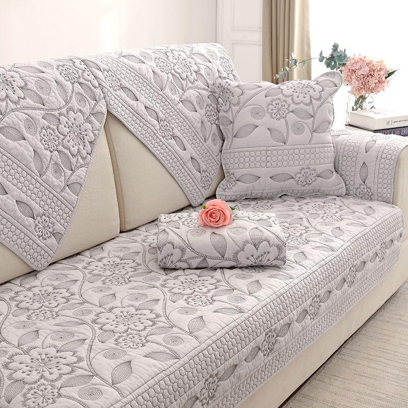 

Pure Cotton Sofa Cushion Four Seasons Universal Non-Slip Combination Sofa Cushion Modern Simple Fabric Cover Towel Backrest Cushion Light gray moon flowers and plants 70 * 70cm