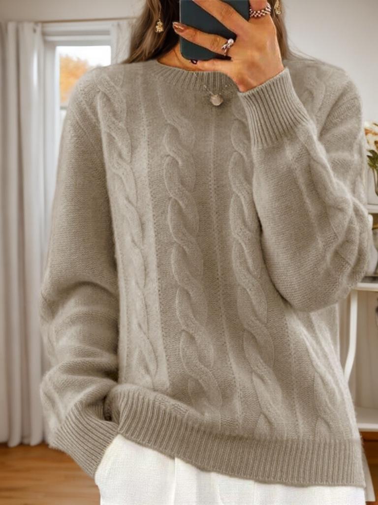 2024 Women's Autumn/Winter Casual Cable Knit Sweater - Solid Color Round Neck Pullover