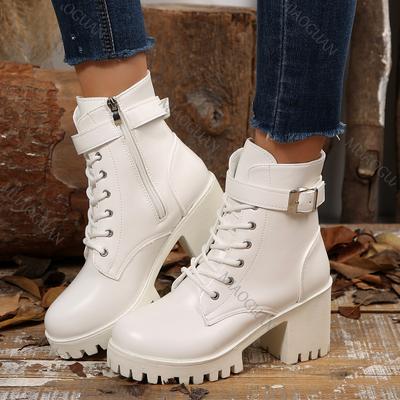 Women Boots Autumn and Winter New Belt Buckle Thick Bottom Lace-up Short Botas White Chunky High Heel Goth Platform Shoes Women