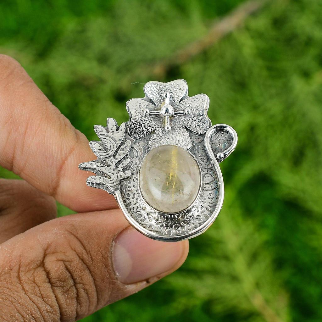 925 Sterling Silver Oval Natural Golden Rutile Bezel Wife Flower Solitaire Ring