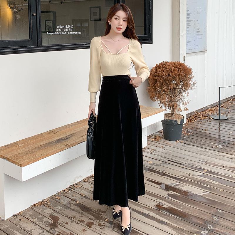 Black Gold Velvet High-Waisted A-Line Midi Skirt for Spring/Autumn 2026 - Slimming, Hip-Covering Design M [100-115 lbs]