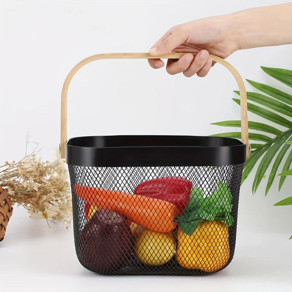 2 Pack Square Metal Mesh Fruit Basket, Portable Metal Picnic Baskets with Wood Handle, Mesh Storage Organizer Basket