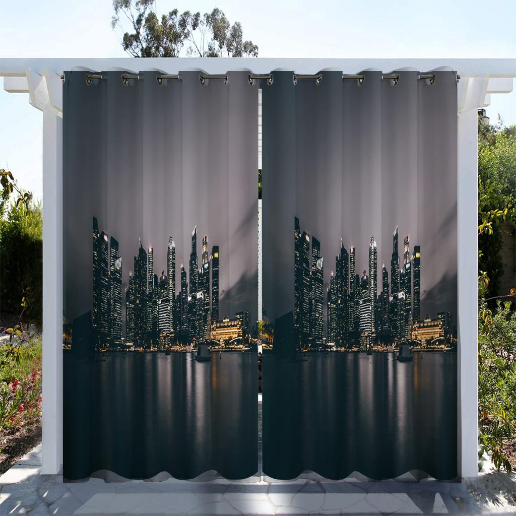 1pc Outdoor Waterproof Oil-proof Curtains,Modern Sunshade City Light Night View River Building Print Curtain For Living Room