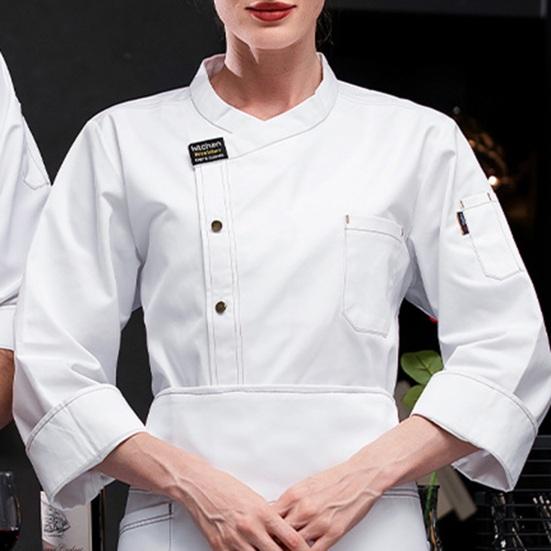 Şef Gömlek Uzun Kollu Gevşek Stand Yaka Tek göğüslü Cep Düz Renk Nefes Alabilir Yumuşak Unisex Mutfak Aşçı Gömlek Fırın Restoran Garson