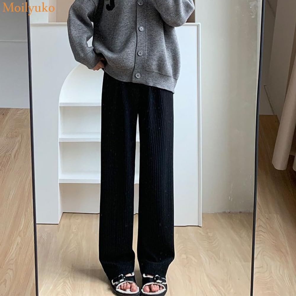 Moilyuko Corduroy Long Pants with Fleece Straight Loose Mo98 Size Women's Pants, Wide-Leg Lining, Warm, Ribbed, Fit, Fit, (JP, Alphabet, M, Black)