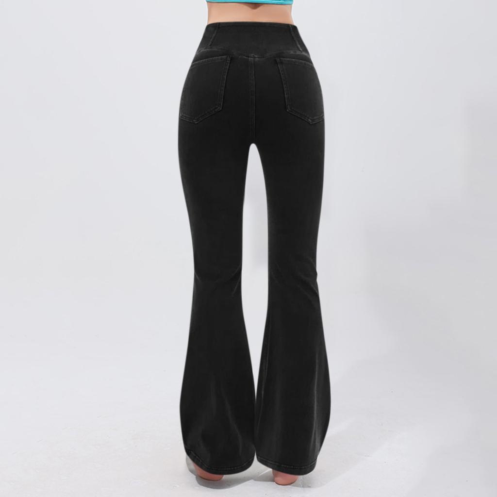 Women's Leisure Color High Waist Motion Regular Jeans High Waisted Pocket Cool Breathable Washed Stretchy Casual Super Flare Pants