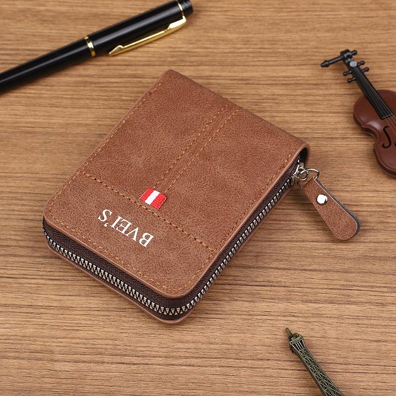 Men's Short Wallet Card Holder Zipper 3 Fold Purse Leather Money Clip Retro Casual Buckle Square Bag