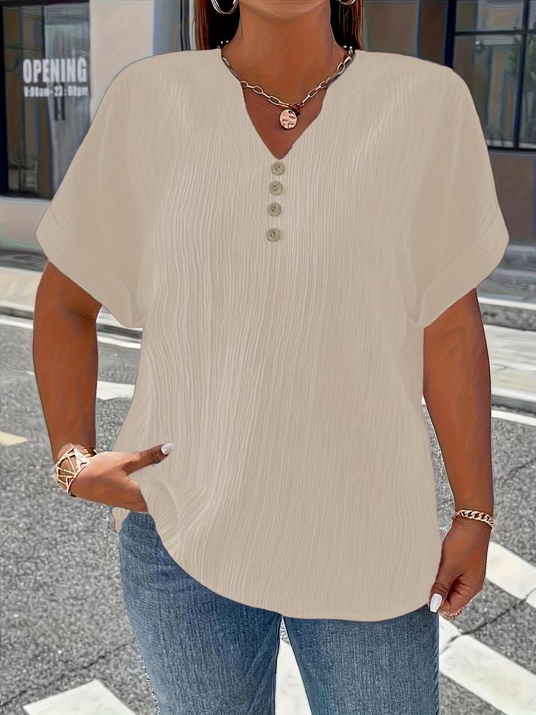 Plus Size Women's Solid V-Neck Buttoned Short Sleeve Top - Comfortable & Loose Fit, 2025 Collection.