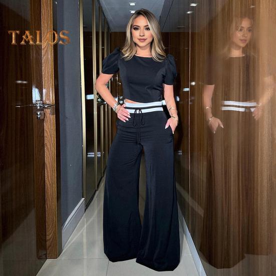 

Женский укороченный топ и брюки, комплект из 2 шт./компл., топ с круглым вырезом и круглым вырезом с широкими штанинами, брюки с высокой талией и шнуровкой, OL, повседневная одежда для поездок на работу S абрикосовый