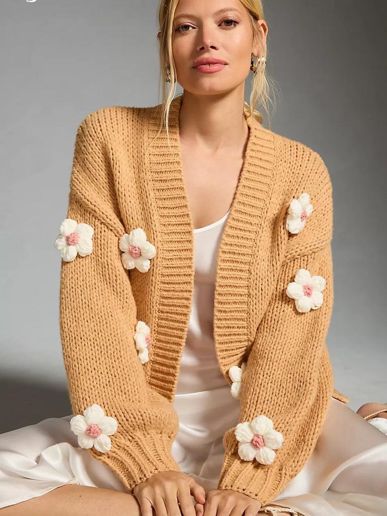 New Chunky Knit Cardigan for Women, Floral Embroidery Lantern Sleeve Oversized Sweater