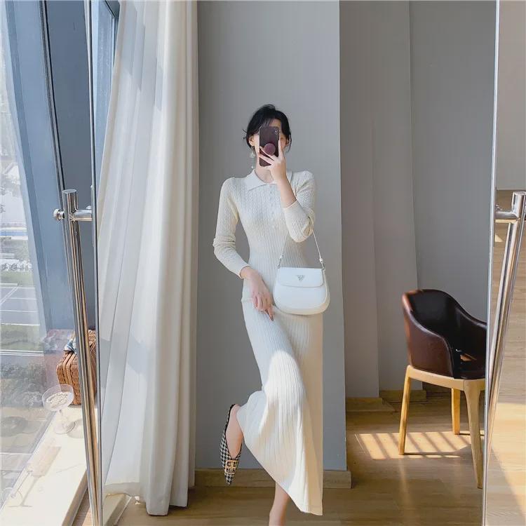 Φόρεμα Α γραμμής στενό πλεκτό γαλλικού στυλ με παλτό - Γυναικεία Φθινοπωρινή/Χειμερινή Συλλογή