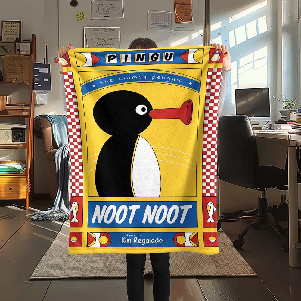1PC PINGU Print Flannel Blanket, High Quality All Seasons, Home Decor, Warmth and Comfort, Perfect for Christmas Gifts