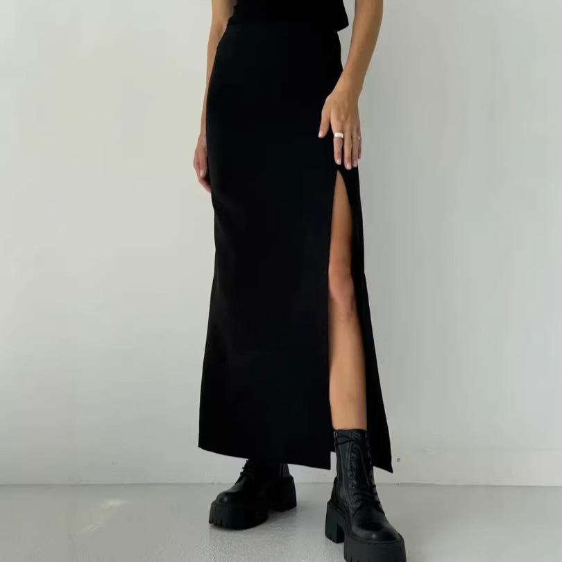 Europe, America, black skirt women's spring and summer, high waist split fork straight hip wrap a word suit dress