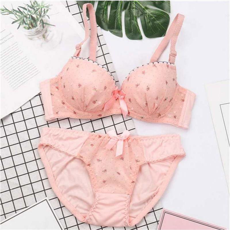 Cheap Women Floral Print Dot Cotton Bra Briefs Set Underwire Breathable ...