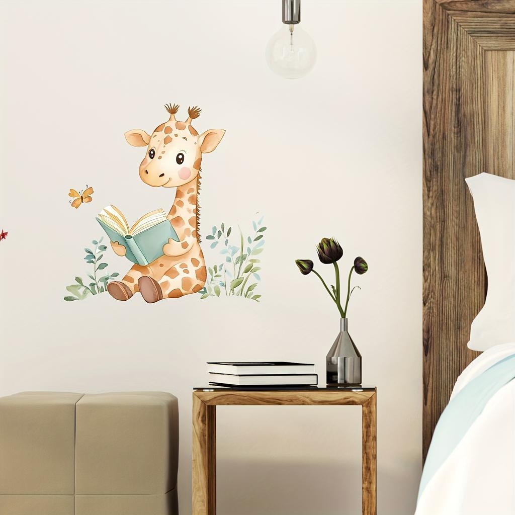 1pc Cartoon Animal Giraffe Reading Books Wall Decal Butterfly Flower Art Wall Sticker Bedroom Living Room Background Wall Decor