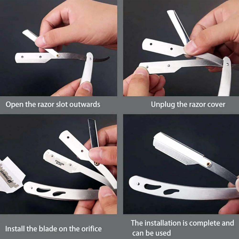 Men Foldable Shaving Knife with Blades Manual Stainless Steel Double-blade Shaving Straight Edge Razor for Beard Mustache Groom