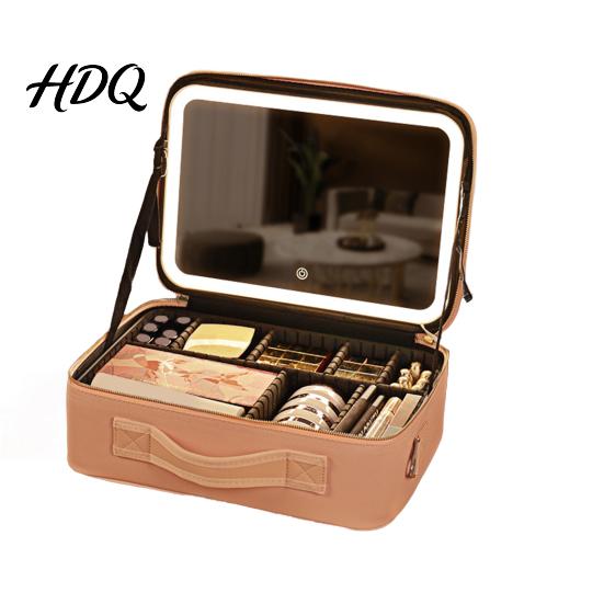 Makeup Bag with LED Mirror USB Charging Case Rechargeable Adjustable Dividers Travel Cosmetic Light-up 3 Color Lights