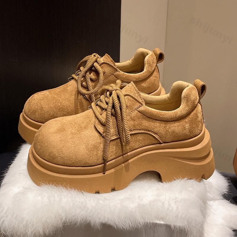 Platform Loafers Women Autumn New Vintage Comfortable Lace Up Fashion Single Shoes Outdoor Non Slip Height Increase Casual Shoes