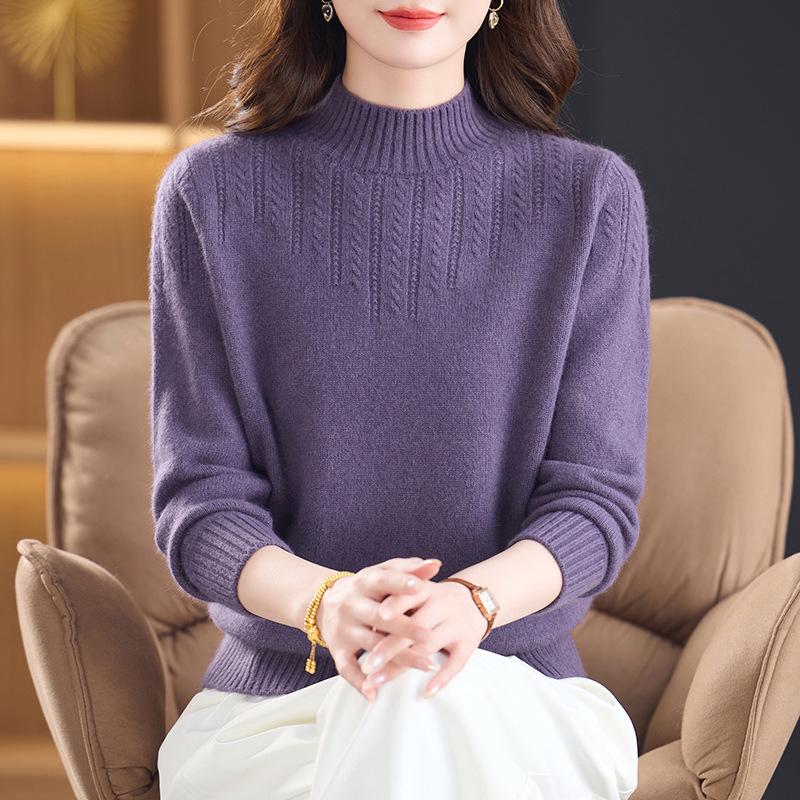 New Pure Wool Sweater for Middle-Aged & Elderly Women - Stylish, Warm, Half-High Collar, Thickened for Autumn/Winter