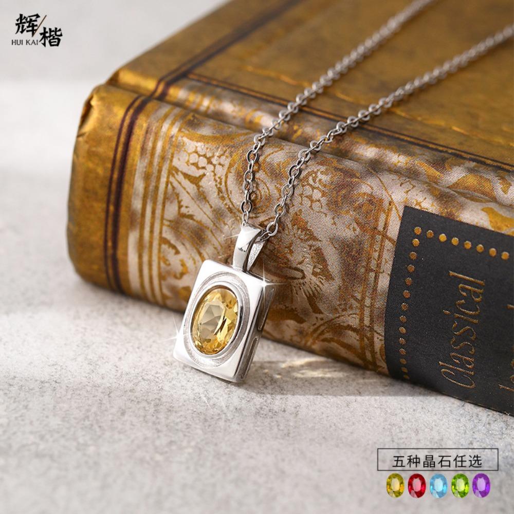 S925 Sterling Silver Necklace Women's Oval Natural Citrine Amethyst Pendant Garnet Peridot Clavicle Chain