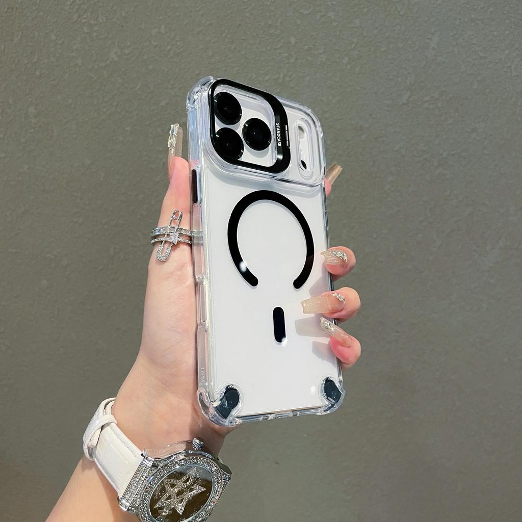 For Magsafe Shockproof Magnetic Phone Case for IPhone 17 16 15 Plus 14 13 12 Pro Max 17Air with Glass Lens Protect Stand Cover
