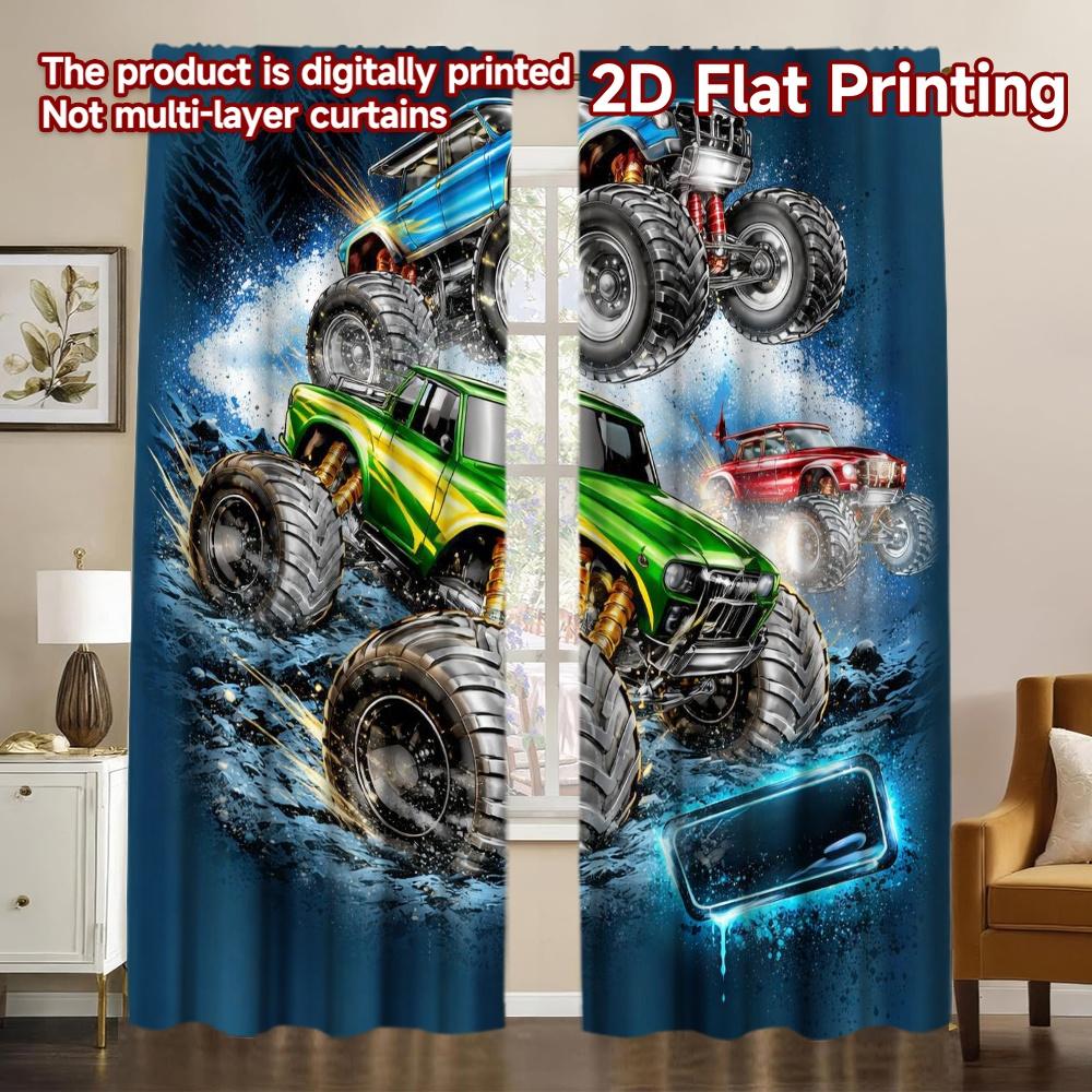 2D FLAT PRINTING 2pcs Curtains (Without Rod) Monster Truck Splashing Popular Creative Curtains Machine Washable Fabric Curtains