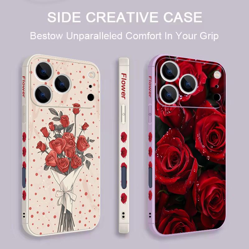 Étui Cordon Motif Fleurs Roses Rouges Pour iPhone 17 Pro Max Funda iPhone 16 15 14 13 Pro Max 11 16E 17E Coque Souple en Silicone