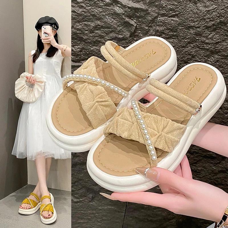 Fashion French Style Cross Pearl Platform Slides for Women New Pleated Thick Soled Sandals Woman Summer 2025 Non Slip Slippers Mujer