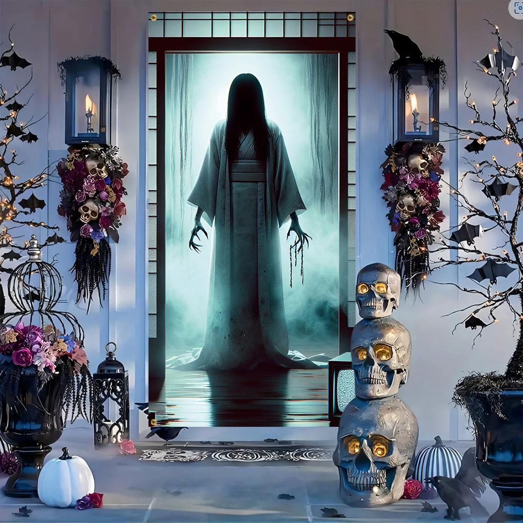 1pc 2D Door Flag Halloween Welcome Door Flag - Evil Spirit White Dress Doll with Luminous Eyes