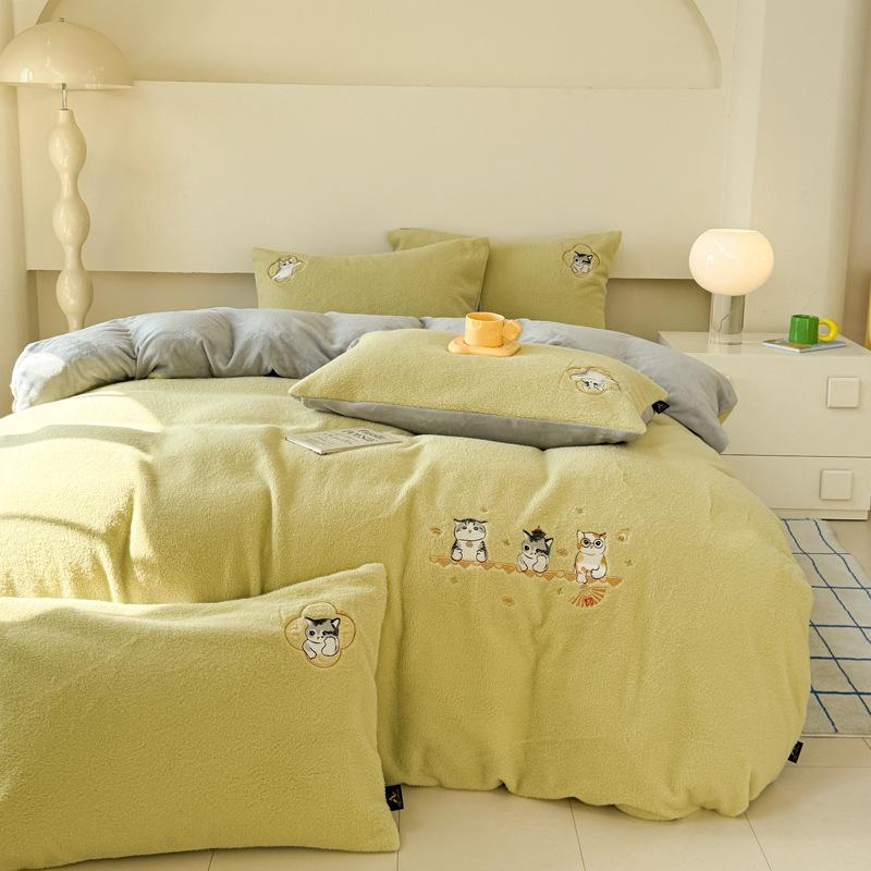 Thickened Imitation Cashmere Four-Piece Set Embroidered Milk Fleece Quilt Cover Coral Fleece Bedding Fleece Sheets
