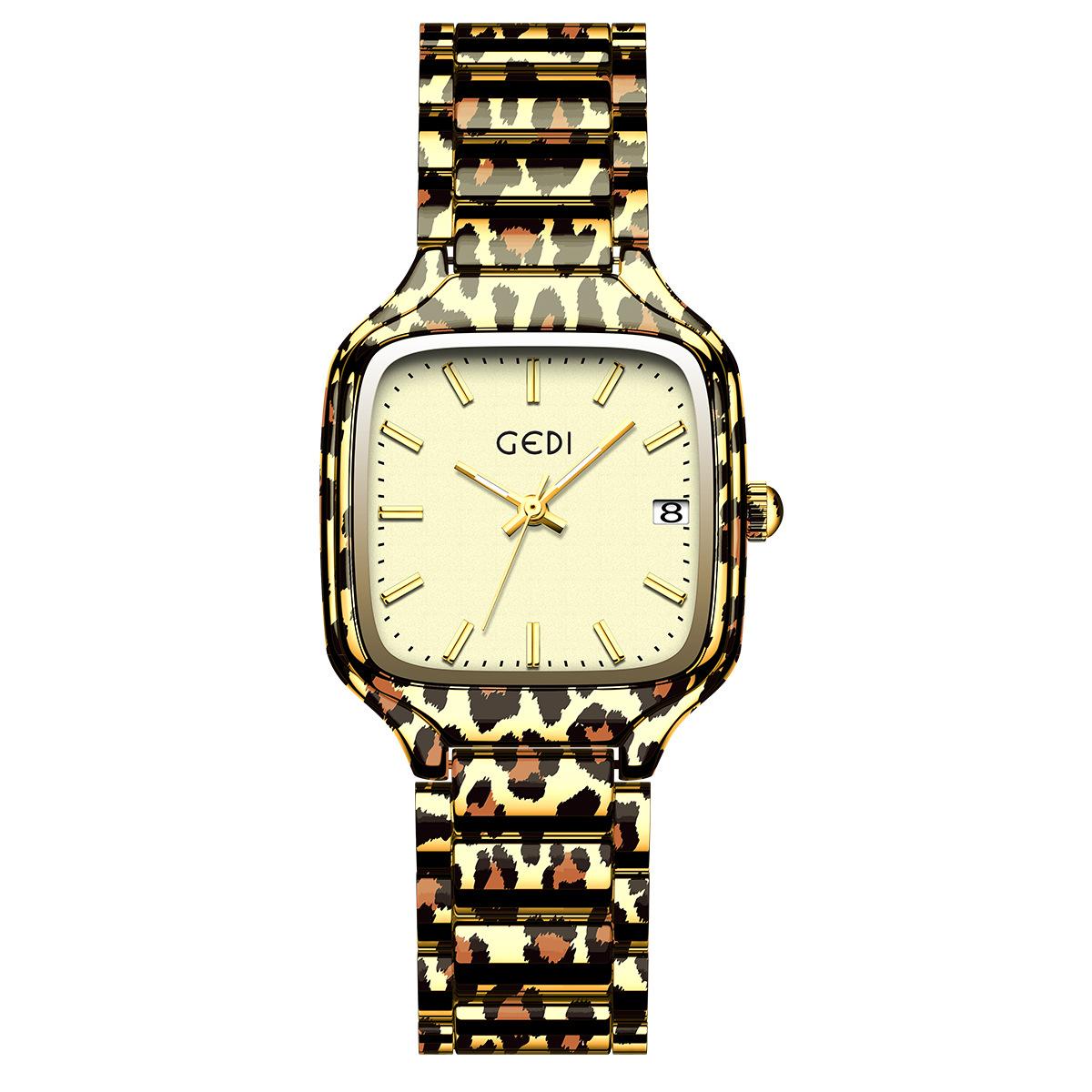 

Leopard Print Steel Belt Small Sugar Cube Watch Women S Large Dial Light Luxury Niche Trendy Brand Fashion Watch One size fits all