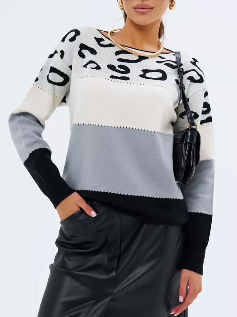 Animal Print Color Block Crewneck Casual Knit Sweater Women's Fall Winter New Arrivals Long Sleeve Base Layer